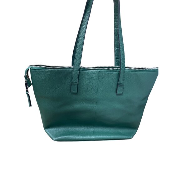 Tahari Womans Green Pebbled Leather Tote HandBag Silver Charm SKU 9355 - Picture 7 of 16